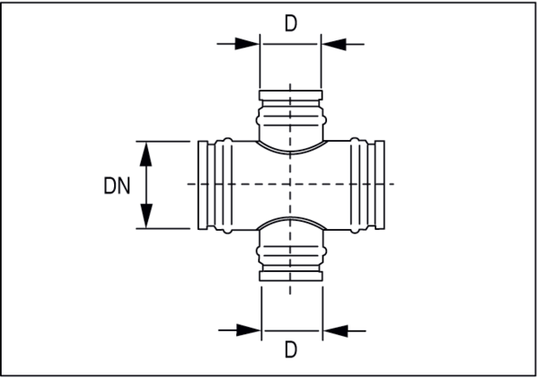 KST 125 IM0001187.PNG Крестовина 45° с роликовым кольцевым уплотнением для спирально-навивных труб, DN 125 - DN 100
