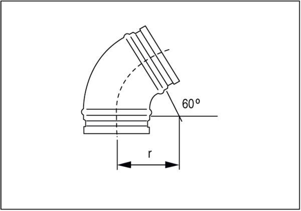 B60-150 IM0001202.PNG Koljeno od 60°, vučeno s brtvom s valjanim prstenom za obložene spirokanale, DN 150