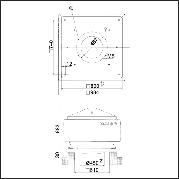 DRD 45/4 B IM0001660.PNG Radiální střešní ventilátor, vertikální výfuk, DN450, třífázový