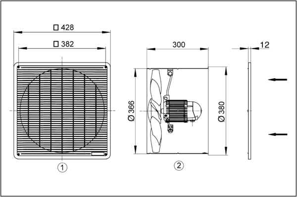 DZF 35/6 B IM0001773.PNG Axiální nástěnný ventilátor zapuštěný, DN350, třífázový