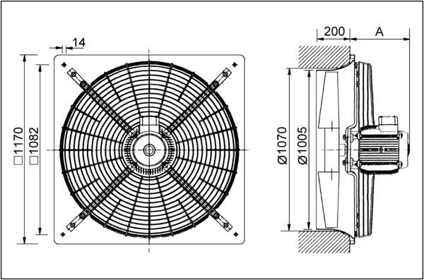 DZQ 100/12 IM0001834.PNG Axial wall fan with square wall plate, DN 1000, three-phase AC
