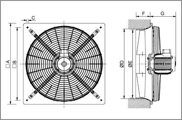 DZQ 71/8 A IM0001838.PNG Axiál fali ventilátor négyszögletes fali lemezzel, DN 710, háromfázisú váltóáram