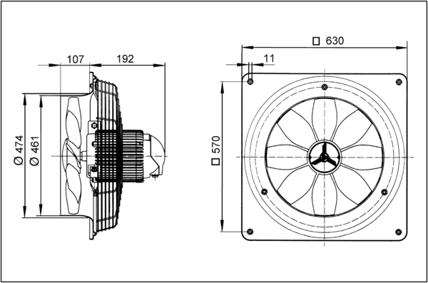 DZQ 45/6 B IM0001903.PNG Axiál fali ventilátor négyszögletes fali lemezzel, DN 450, háromfázisú váltóáram