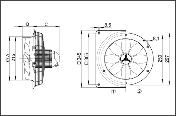 DZQ 20/2 B IM0002020.PNG Axial-Wandventilator mit quadratischer Wandplatte, DN200, Drehstrom