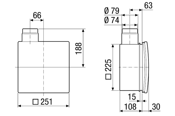ER - UPD IM0006366.PNG Zapuštěné pouzdro s protipožární uzavírací klapkou pro vsazení ventilátorové sady ER 60/ ER 100 nebo ventilačního prvku Centro-E/ Centro-M/ Centro-H, výstup pro druhou místnost vpravo, vlevo nebo dole