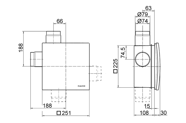 ER - UPD IM0006368.PNG Zapuštěné pouzdro s protipožární uzavírací klapkou pro vsazení ventilátorové sady ER 60/ ER 100 nebo ventilačního prvku Centro-E/ Centro-M/ Centro-H, výstup pro druhou místnost vpravo, vlevo nebo dole