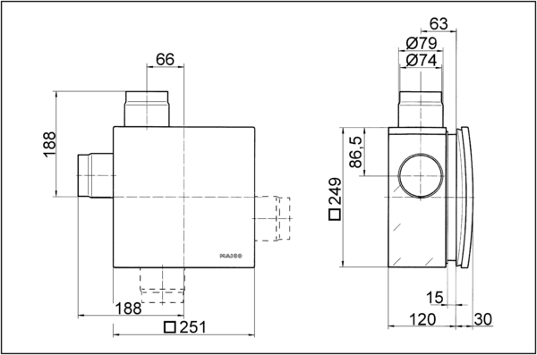 ER - UPB/R IM0006377.PNG Fire protection recessed-mounted housing with fire protection shut-off device for all fire protection systems for fitting an ER 60 / ER100 fan insert or Centro-M / Centro-E / Centro-H exhaust air element, second room connection right