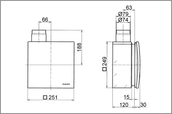 ER - UPB/L IM0006379.PNG Protipožární zapuštěné pouzdro s protipožární uzavírací klapkou pro všechny protipožární systémy pro vsazení ventilátorové sady ER 60/ ER 100 nebo ventilačního prvku Centro-E/ Centro-M/ Centro-H, připojení druhé místnosti vlevo