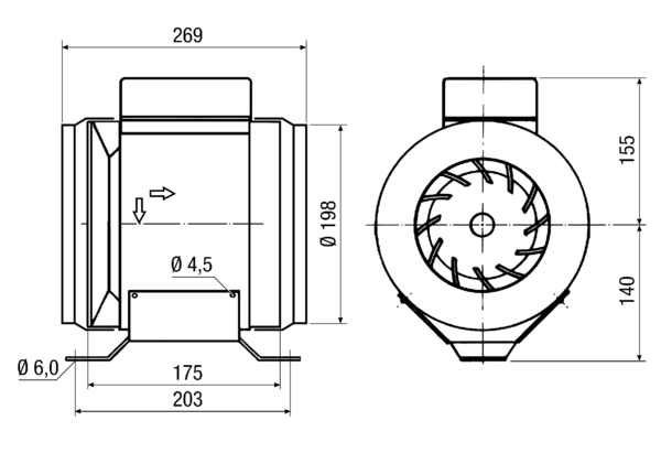 ERM 22 IM0006485.PNG Semi-centrifugal duct fan, single-phase AC, with 2 reducers to DN 200