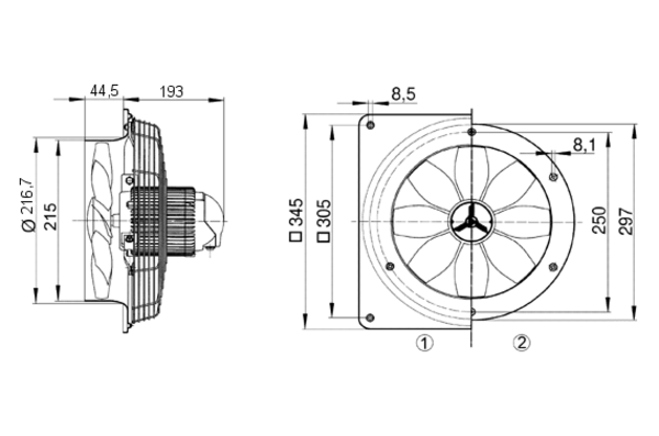 DZQ 20/2 B IM0008178.PNG Axiální nástěnný ventilátor se čtvercovou základnou, DN200, třífázový