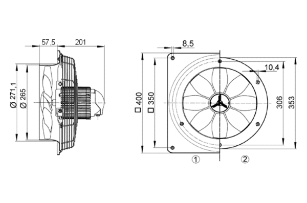 EZQ 25/2 B IM0008235.PNG Axiální nástěnný ventilátor se čtvercovou základnou, DN250, jednofázový