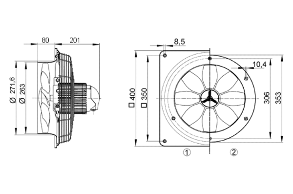 DZS 25/2 B IM0008237.PNG Axiál fali ventilátor acél fali gyűrűvel, DN 250, háromfázisú váltóáram