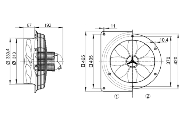 DZS 30/64 B IM0008240.PNG Axial wall fan with steel wall ring, DN 300, three-phase AC, pole-changeable