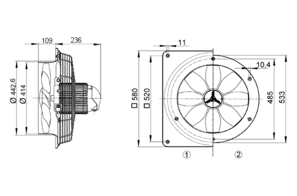 DZS 40/42 B IM0008248.PNG Axial wall fan with steel wall ring, DN 400, three-phase AC, pole-changeable