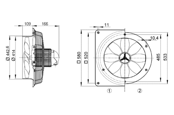 DZS 40/4 B IM0008250.PNG Axial wall fan with steel wall ring, DN 400, three-phase AC