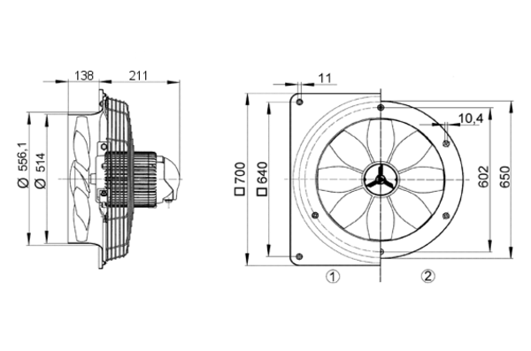 DZS 50/84 B IM0008256.PNG Axiální nástěnný ventilátor s kruhovou základnou, DN500, třífázový, dvoje otáčky