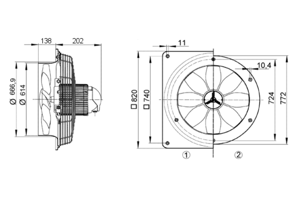 DZS 60/86 B IM0008263.PNG Axiální nástěnný ventilátor s kruhovou základnou, DN600, třífázový, dvoje otáčky