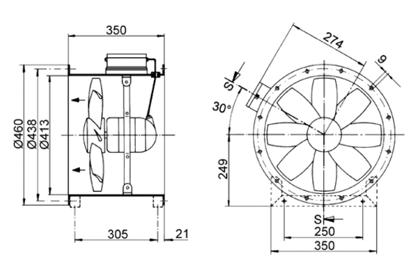 DZR 40/6 A-Ex IM0009133.PNG Axial duct fan, DN 400, three-phase AC, explosion proof