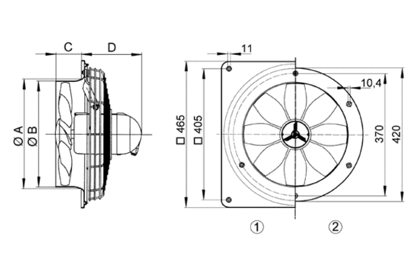 DZS 30/4 A-Ex IM0009139.PNG Axial wall fan with steel wall ring, DN 300, three-phase AC, explosion proof