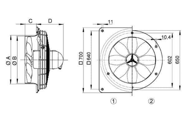 DZS 50/4 A-Ex IM0009142.PNG Axial wall fan with steel wall ring, DN 500, three-phase AC, explosion proof