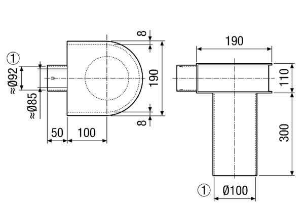 MF-WLF100/90 IM0014020.PNG Bracket for 90° coupling of MF-F90 flexible duct onto DN 100 valve, connector length 300 mm