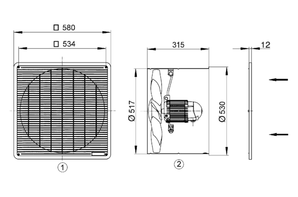 DZF 50/8 B IM0014389.PNG Axial wall fan for recessed-mounted installation, DN 500, three-phase AC