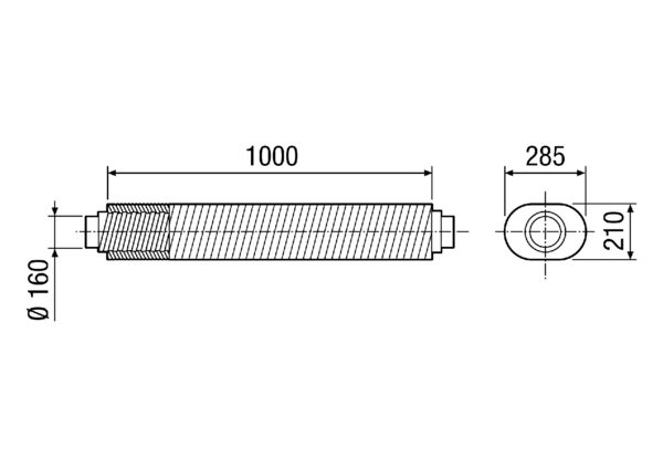RSOF 16/100 IM0014924.PNG Flacher flexibler Telefonie-Schalldämpfer in Ovalausführung mit 50 mm Schallschluckpackung (flache Seite), Länge: 1000 mm, Höhe: 210 mm, DN 160