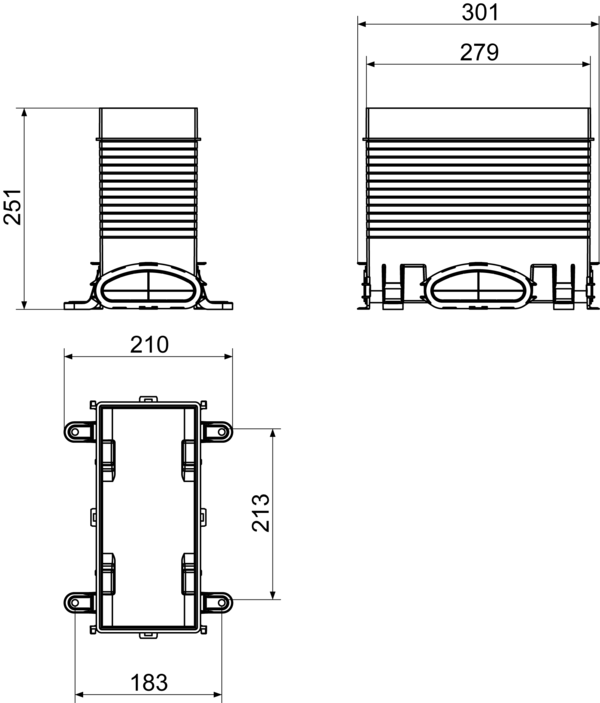 FFS-BA IM0015072.PNG Sortie par le sol pour air entrant en plastique, possibilités de raccordement pour gaine d'aération flexible, raccordement possible de tous les côtés par orifices enfonçables, largeur x hauteur x profondeur : env. 301 x 251 x 210 mm, volume de la fourniture : 1 sortie par le sol, 1 adaptateur individuel pour fixation de gaine ronde (FFS-RA), 1 auxiliaire de montage EPS (polystyrène)