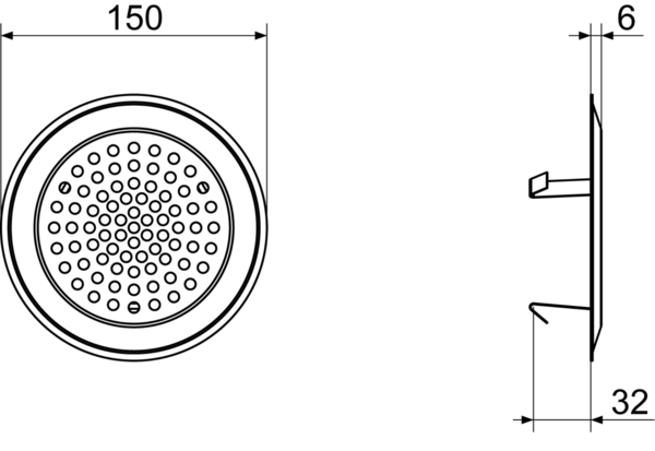 FFS-WGB IM0015076.PNG Designer wall/ceiling grille, suitable for the FFS-WA wall/ceiling outlet. The grille made of brushed stainless steel has a modern design with a circular pattern of holes. It is held in place with clamps, diameter: 150 mm, height: 38 mm, scope of delivery: 1 wall/ceiling grille, 1 regenerable filter