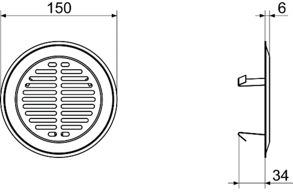 FFS-WG IM0015078.PNG Стильная стенная / потолочная решетка для настенного / потолочного выпуска FFS-WA, решетка современного дизайна из сатинированной нержавеющей стали с продольными отверстиями, для крепления используются стяжные хомуты, диаметр: 150 мм, высота: 40 мм, объем поставки: 1 стенная / потолочная решетка, 1 восстанавливающийся фильтр