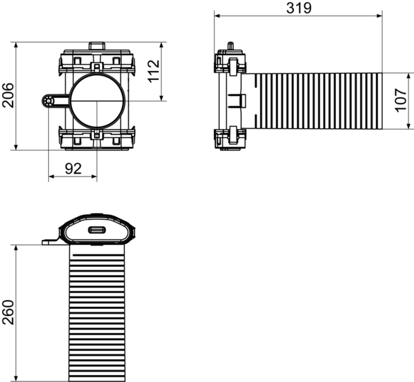 FFS-WA IM0015082.PNG Пластмассовый выпуск для стен и потолка, для приточного и вытяжного воздуха, возможности подключения гибкого воздушного канала, диаметр: 100 мм, ширина x высота x глубина: прибл. 206 x 319 x 143 мм, объем поставки: 1 настенный / потолочный выпуск, 2 отдельных адаптера для креплений труб (FFS-RA), 1 глухая крышка (FFS-D)