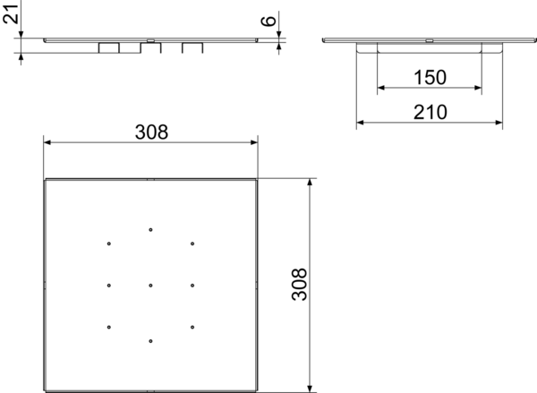 FFS-VD IM0015086.PNG Couvercle de visite en acier inoxydable à monter dans les sols pour accéder au diffuseur d'air, largeur x hauteur x profondeur : env. 308 x 6 x 308 mm, volume de la fourniture : 1 cache de diffuseur d'air, 4 rails de déviation