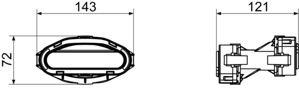 FFS-Ü180 IM0015092.PNG Element przejściowy do zmiany kierunku lub obrotu o 180° giętkiego kanału rurowego płaskiego, szerokość x wysokość x głębokość: ok. 143 x 72 x 121 mm, zakres dostawy: 1 element przejściowy, 2 pojedyncze zamocowania rurowe na adapter (FFS-RA)