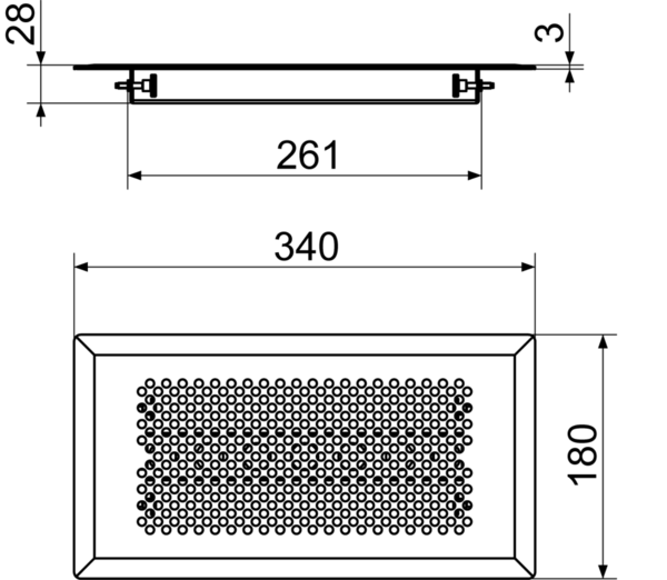 FFS-FGR IM0015102.PNG Hard-wearing designer floor grille, suitable for the FFS-BA floor outlet. The floor grille made of brushed stainless steel has a modern design with a circular pattern of holes. The mounting frame allows it to be lined up with the surrounding floor covering. It is held in place with clamping pins. Width x height x depth: approx. 340 x 180 x 28 mm, scope of delivery: 1 floor grille, 1 holder, 1 sealing strip