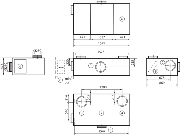 geniovent.x 600 H D-G-K3 IM0016893.PNG Dezentrales RLT Gerät mit sehr hoher Wärmerückgewinnung.  Mit Kreuz-Gegenstrom-Wärmetauscher und Vorheizregister, Außen- und Fortluftanschlüsse nach oben, Zu- und Abluft über Kanal, nicht verkleidet. CO2-Sensor im Gerät integriert. Mit App zur mobilen Geräte-Ansteuerung