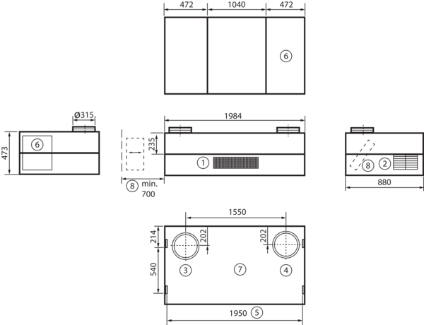 geniovent.x 900 H D-E-SU IM0016894.PNG Dezentrales RLT Gerät mit sehr hoher Wärmerückgewinnung.  Mit Enthalpie-Wärmetauscher, Außen- und Fortluftanschlüsse nach oben, Ausblasung unten, komplett verkleidet. CO2-Sensor im Gerät integriert. Mit App zur mobilen Geräte-Ansteuerung