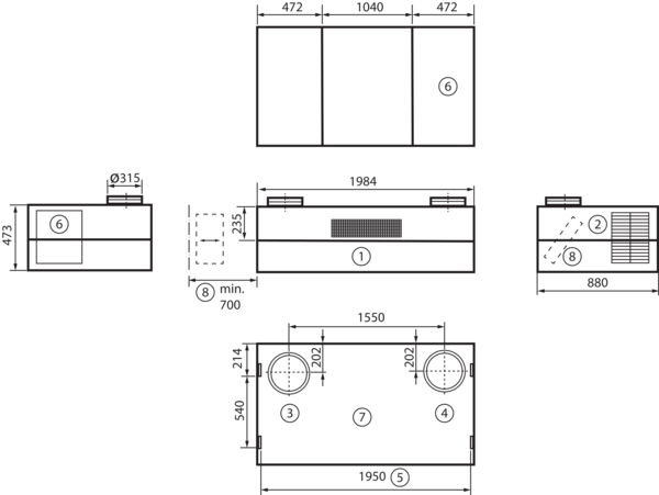 geniovent.x 900 H D-G-SO IM0016895.PNG Dezentrales RLT Gerät mit sehr hoher Wärmerückgewinnung.  Mit Kreuz-Gegenstrom-Wärmetauscher und Vorheizregister, Außen- und Fortluftanschlüsse nach oben, Ausblasung oben, komplett verkleidet. CO2-Sensor im Gerät integriert. Mit App zur mobilen Geräte-Ansteuerung