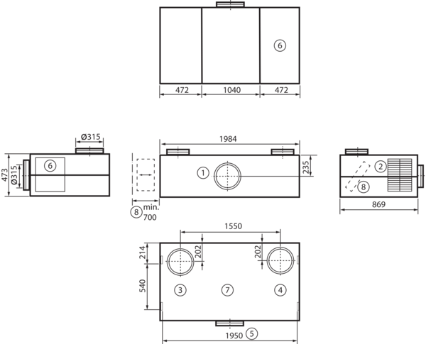 geniovent.x 900 H D-E-K1 IM0016896.PNG Dezentrales RLT Gerät mit sehr hoher Wärmerückgewinnung.  Mit Enthalpie-Wärmetauscher, Außen- und Fortluftanschlüsse nach oben, Zuluft über Kanal, Abluft am Gerät, Abluftseite und Elektroseite mit Paneele verkleidet. CO2-Sensor im Gerät integriert. Mit App zur mobilen Geräte-Ansteuerung