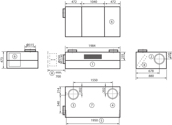 geniovent.x 900 H D-E-K2 IM0016897.PNG Dezentrales RLT Gerät mit sehr hoher Wärmerückgewinnung.  Mit Enthalpie-Wärmetauscher, Außen- und Fortluftanschlüsse nach oben, Abluft über Kanal, Zuluft am Gerät, Zuluftseite und Elektroseite mit Paneele verkleidet. CO2-Sensor im Gerät integriert. Mit App zur mobilen Geräte-Ansteuerung