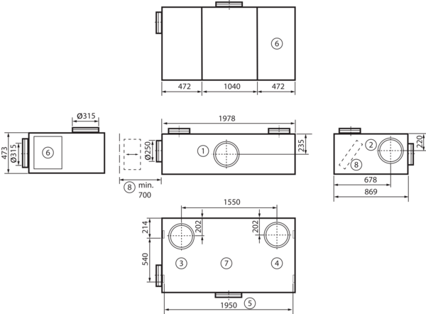 geniovent.x 900 H D-E-K3 IM0016898.PNG Dezentrales RLT Gerät mit sehr hoher Wärmerückgewinnung.  Mit Enthalpie-Wärmetauscher, Außen- und Fortluftanschlüsse nach oben, Zu- und Abluft über Kanal, nicht verkleidet. CO2-Sensor im Gerät integriert. Mit App zur mobilen Geräte-Ansteuerung