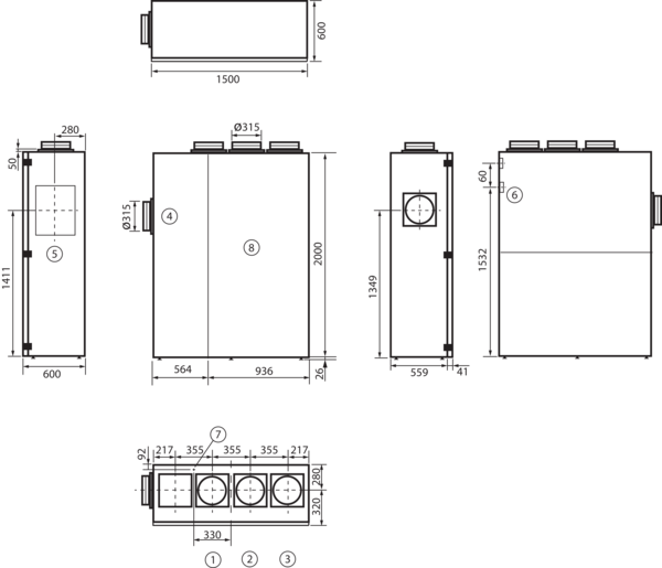 geniovent.x 900 S BL-G-K3 IM0016905.PNG Dezentrales RLT Gerät in reinweiß ähnlich RAL 9010 mit sehr hoher Wärmerückgewinnung. Mit Kreuz-Gegenstrom-Wärmetauscher und Vorheizregister, Anschluss durch Brüstung, Außenluft links, Fortluft oben, Zu- und Abluft über Kanal, CO2-Sensor im Gerät integriert. Mit App zur mobilen Geräte-Ansteuerung