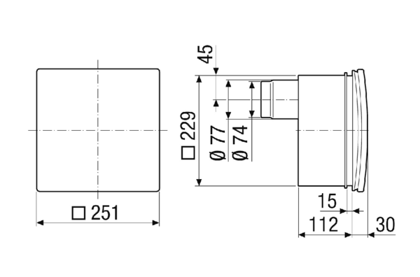ER-UP/GH IM0018435.PNG Zapuštěné pouzdro s umělohmotným výfukovým hrdlem dozadu pro vsazení ventilátorové sady ER 60 E / ER 100 E, výstup pro druhou místnost vpravo, vlevo nebo dole