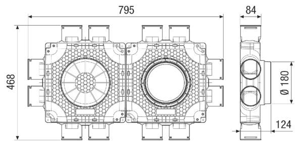 MA-FDV12-75 IM0020232.PNG Ravni i kompaktni dvostruki plastični razdjelnik zraka od plastike s vizualnom provjerom ubacivanja za 12 fleksibilnih cijevi DN 75, dovod DN 180