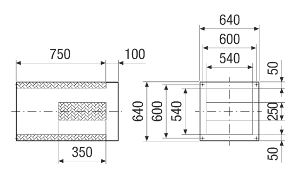 SDVI 40-45 IM0020966.PNG Hangcsillapító lábazat rövidített kulisszával, tetőventilátorok szívó oldali zajcsökkentéséhez VKRI zárózsaluval történő kombináláshoz, DN 400-450