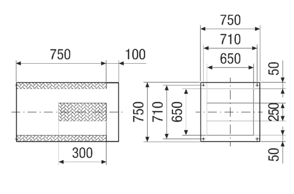 SDVI 50-56 IM0020967.PNG Soklový tlumič hluku se zkrácenou kulisou, pro snížení hluku na sací straně střešních ventilátorů pro kombinaci s uzavírací klapkou VKRI, DN 500-560