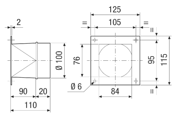 URRI 10 IM0021159.PNG Négyszögű-kerek átmeneti adapter, bevont acéllemez, DN 100-ra