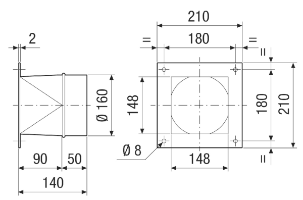 URRI 18 IM0021163.PNG Négyszögű-kerek átmeneti adapter, bevont acéllemez, DN 180-ra