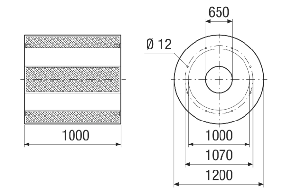 RSKI 100/1000 IM0021425.PNG Potrubní tlumič hluku kulisový, délka 1000 mm, DN 1000