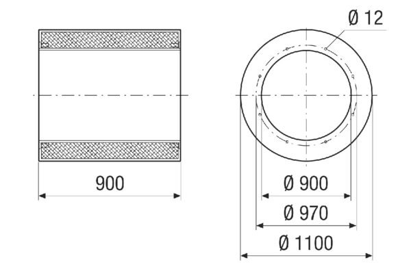 RSI 90/1000 IM0021454.PNG Rurowy tłumik akustyczny bez kulisy, długość 900 mm, DN 900