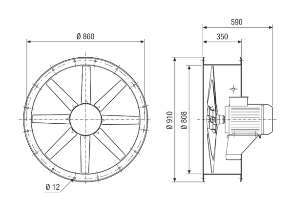DAR 80/6-2 Ex IM0021613.PNG Axiální potrubní ventilátor, DN 800, v nevýbušném provedení, jmenovitý příkon 1,1 kW, medium plyn